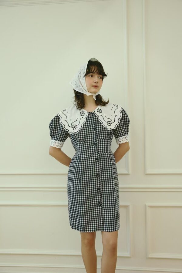 春光甜茶格紋蕾絲領子澎袖洋裝