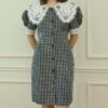春光甜茶格紋蕾絲領子澎袖洋裝