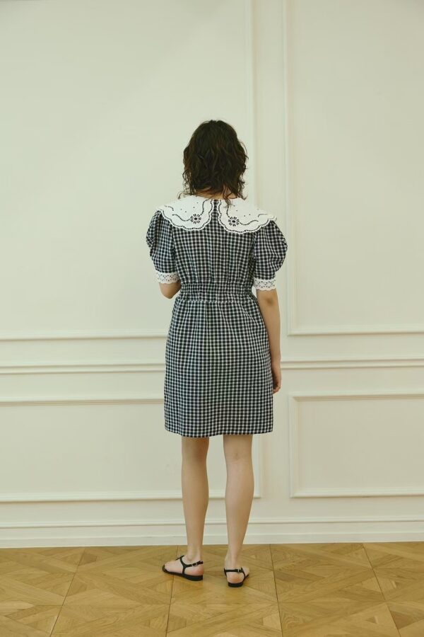 春光甜茶格紋蕾絲領子澎袖洋裝