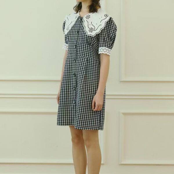 春光甜茶格紋蕾絲領子澎袖洋裝