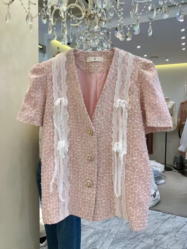 蕾絲緞帶小香風毛呢短袖外套