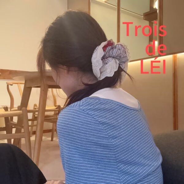 法式浪漫感藍色緞帶蕾絲髮圈