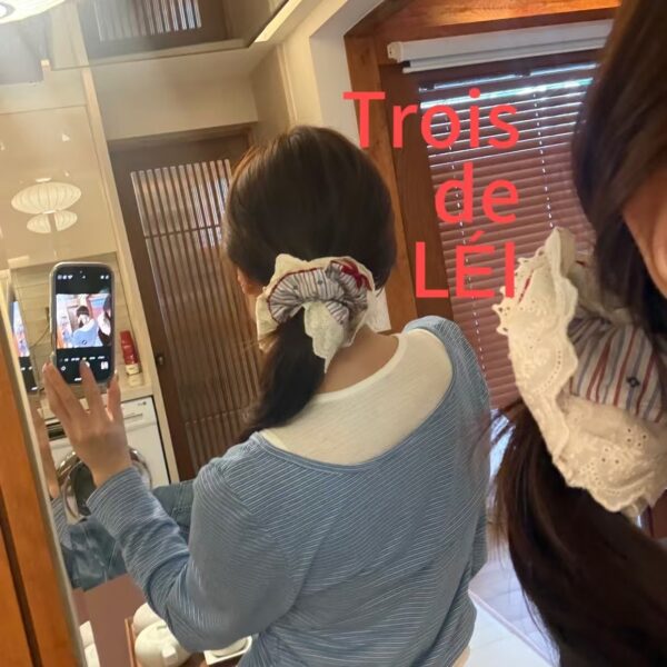 法式浪漫感藍色緞帶蕾絲髮圈