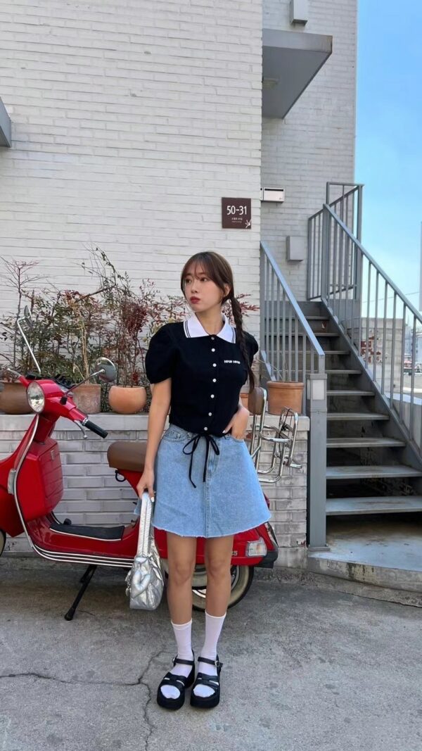 miu風polo領下擺束口短袖上衣