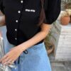 miu風polo領下擺束口短袖上衣