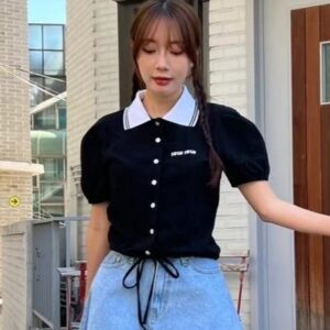 miu風polo領下擺束口短袖上衣