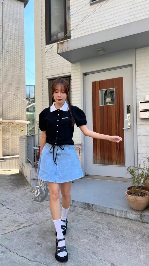 miu風polo領下擺束口短袖上衣