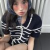 優雅綻線小香針織撞色縫線套裝