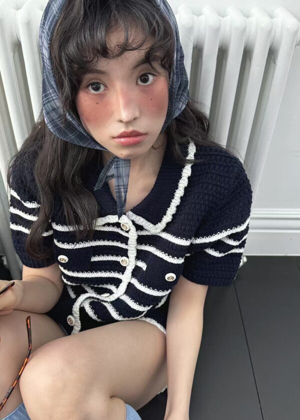 優雅綻線小香針織撞色縫線套裝