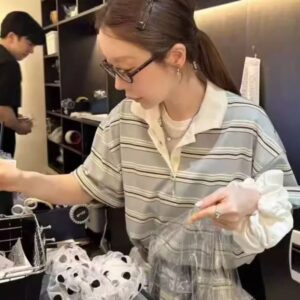 歐膩同款Polo領條紋上衣