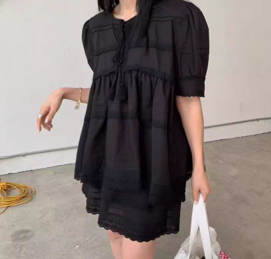 蕾絲純色綁帶襯衫+蕾絲短褲套裝