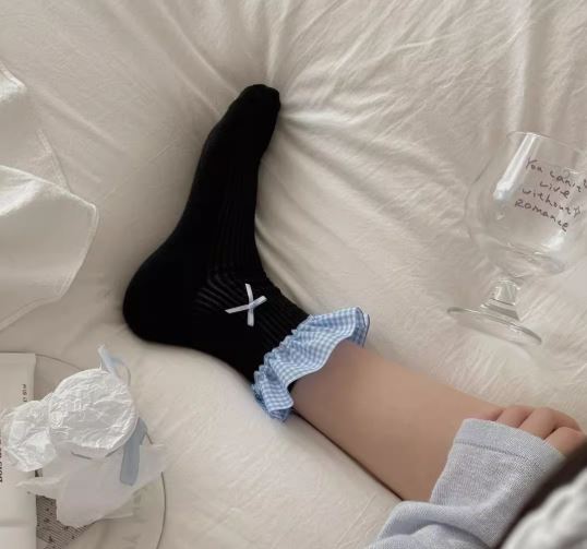 蝴蝶結格紋拼接短襪