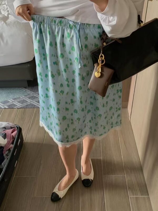 豹紋鬆緊腰綁帶蕾絲裙