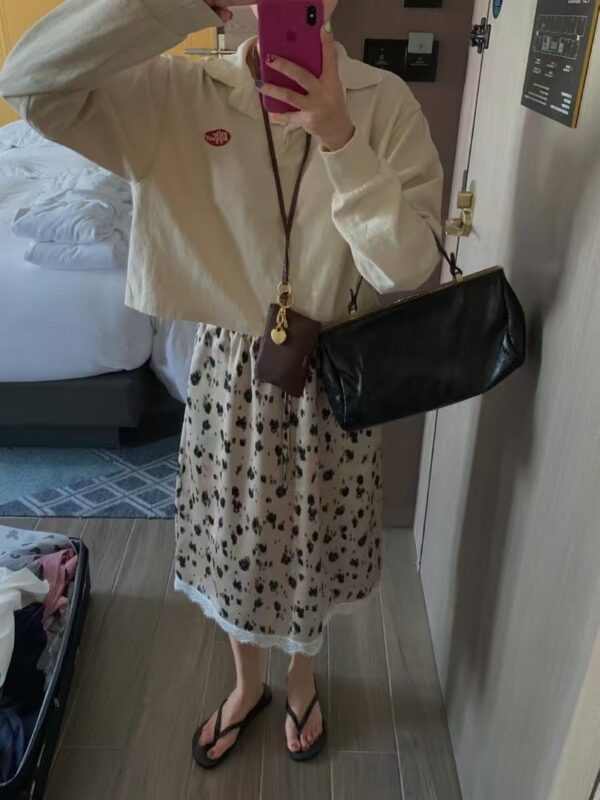 豹紋鬆緊腰綁帶蕾絲裙