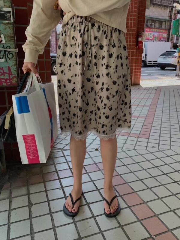豹紋鬆緊腰綁帶蕾絲裙