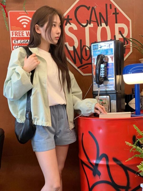 小格子薄款拉鍊外套