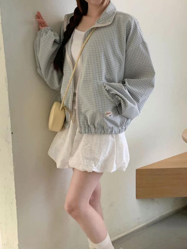 小格子薄款拉鍊外套