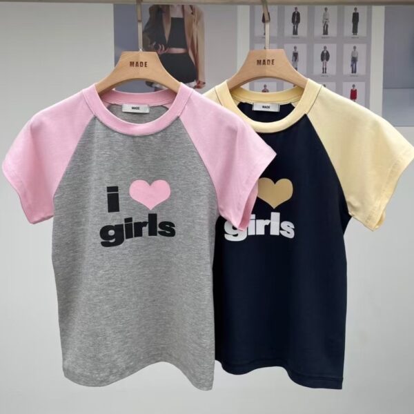 girls愛心圖樣拼接棒球T恤