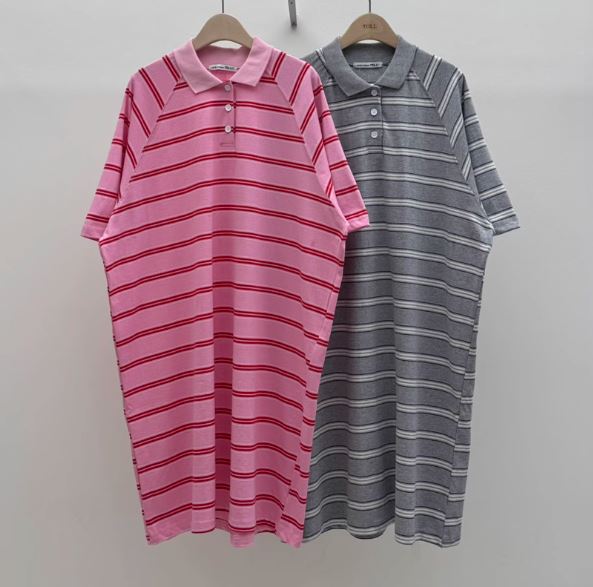 撞色Polo領條紋短袖洋裝