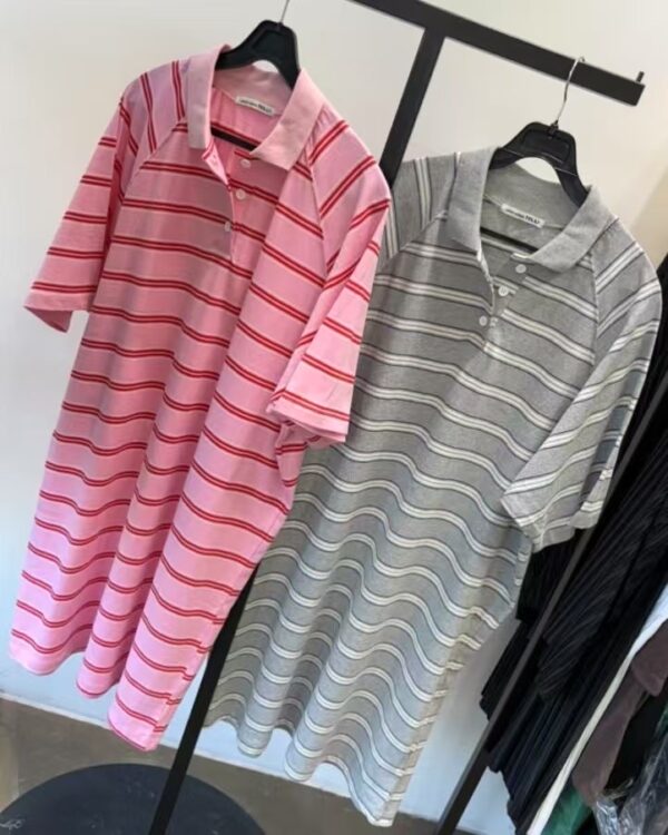 撞色Polo領條紋短袖洋裝