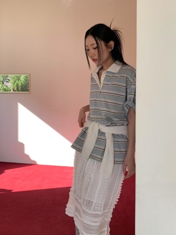 歐膩同款Polo領條紋上衣