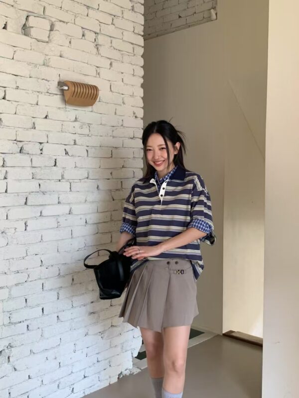 歐膩同款Polo領條紋上衣