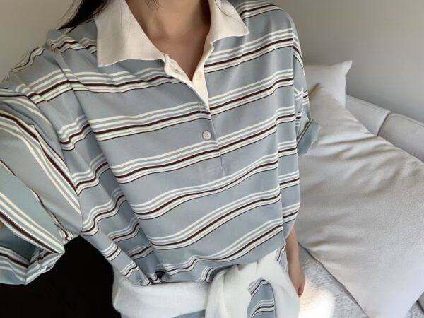 歐膩同款Polo領條紋上衣