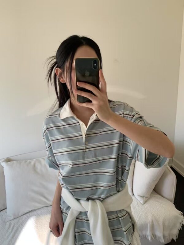 歐膩同款Polo領條紋上衣