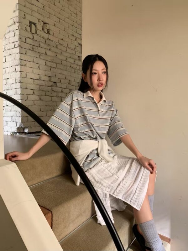 歐膩同款Polo領條紋上衣