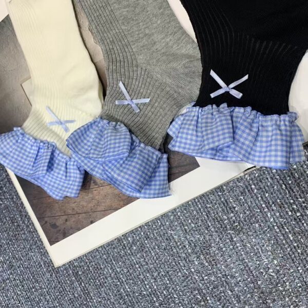 蝴蝶結格紋拼接短襪