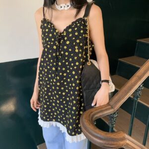 蕾絲邊碎花細肩帶洋裝