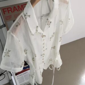 夏日新款輕薄材質碎花綁帶襯衫