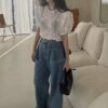 浮雕花朵泡泡袖襯衫