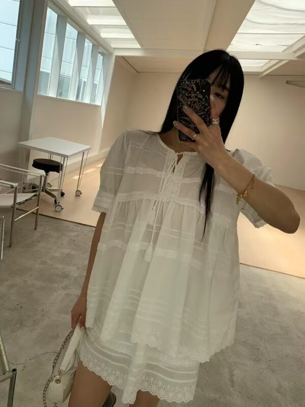 蕾絲純色綁帶襯衫+蕾絲短褲套裝
