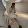 蕾絲純色綁帶襯衫+蕾絲短褲套裝