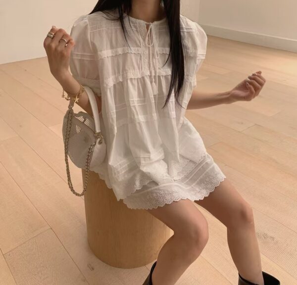 蕾絲純色綁帶襯衫+蕾絲短褲套裝